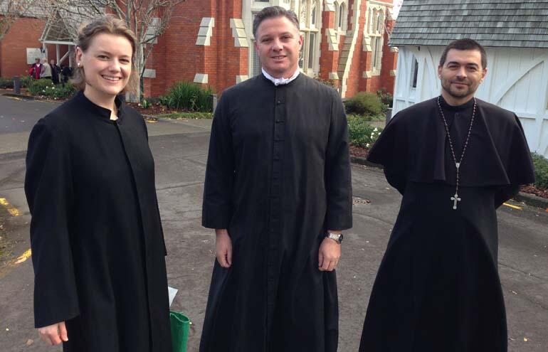 Cassocks for a day: Kimberley Rowe, Matt Griffiths and Max Whittaker.