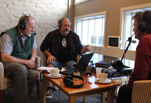 Radio New Zealand's Geoff Robinson hosting Morning Report from Greymouth the day before the Pike River anniversary service.