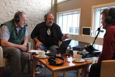 Radio New Zealand's Geoff Robinson hosting Morning Report from Greymouth the day before the Pike River anniversary service.