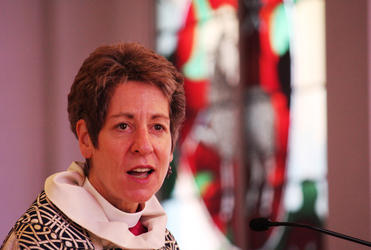 Bishop Katharine preaching at the morning Eucharist at Holy Trinity Cathedral in Auckland.