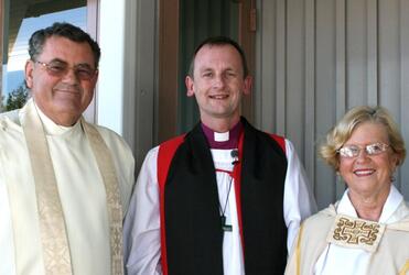 The Rev Duncan McDonald, CEO of The Selwyn Foundation; Bishop Ross Bay, and the Rev Marianne Hornburg, the Selwyn Chaplain.