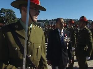 The Governor-General, Sir Jerry Mateparae, inspects the guard at the Wellington War Memorial. Photo: TV One The Governor-General, Sir Jerry Mateparae, inspects the guard at the Wellington War Memorial. Photo: TV One