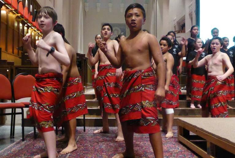 Pupils of Holy Cross School, Miramar, perform their school haka to launch the cathedral forum on child poverty.