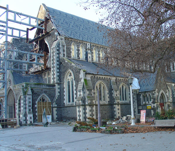 ChristChurch Cathedral, minus the rose window which is now strewn across the interior. Photo: TV One News