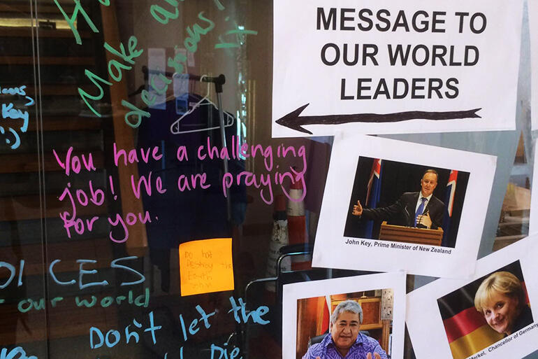 Messages to world leaders on the prayer wall inside Wellington's Anglican cathedral.