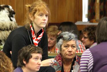 Anne Purcell (foreground) Jane Beattie (centre) and Dorothy Smith listen during a small group session.