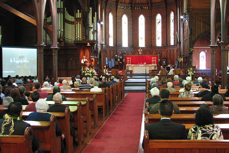 The view from the back as The Rev Vicki Sykes preaches. Te Miri Bevan photo.