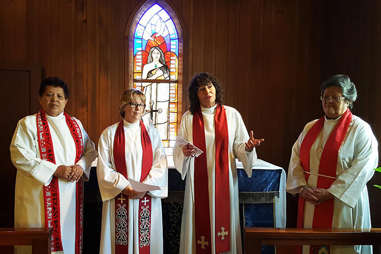 Vicki Sykes (2nd from left) preached - while Amy Chambers, Denise Kelsall and Jenny Quince concelebrated. (UK pic.)