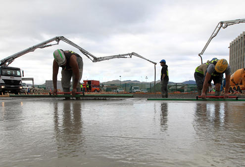 Contractors pouring concrete for Christchurch's transitional cathedral. Photo: Dean Kozanic/Fairfax