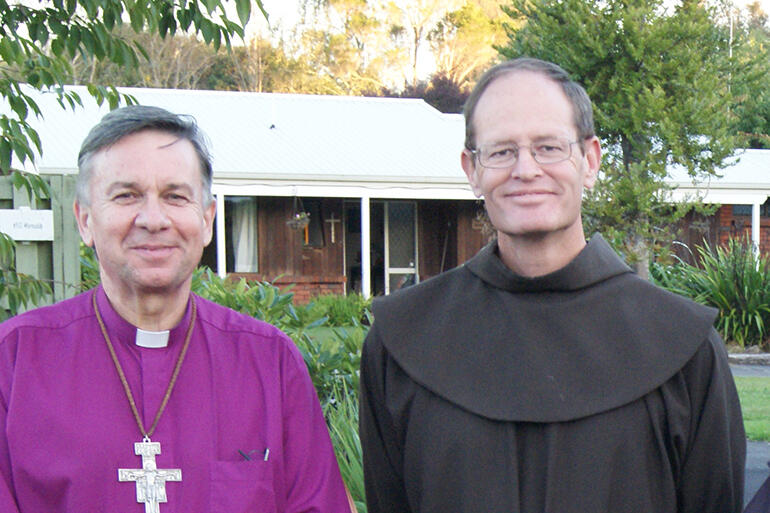Archbishop David Moxon and Br Clark Berge SSF (the Minister General of the First Order Brothers) outside The Friary of The Divine Compassion in 2012.