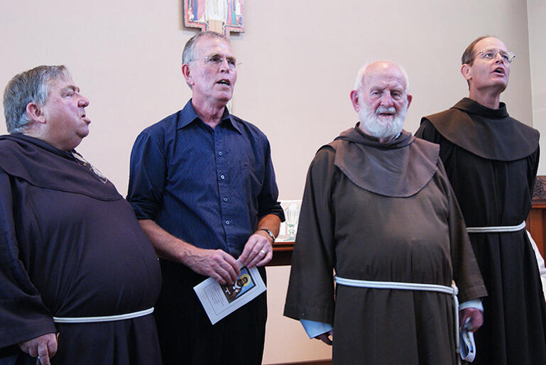 Br Damian Kenneth (left) Rev Phil Dyer (Third Order SSF), the late Br Brian Harley and Br Clark Berge at the Tea Ara Hou chapel in 2012.