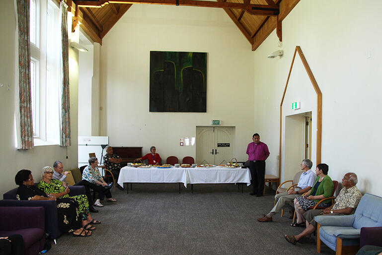 Bishop Kito welcomes people to the Patteson Centre, which was the site of the original library.