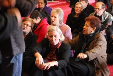 Bishop Victoria Matthews leads Gail Thomson, Oenone Woodhams and Amy Chambers out into the open sea.