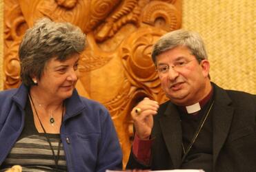 Forum facilitator Caroline Leys and Archbishop Herft discuss his keynote address.