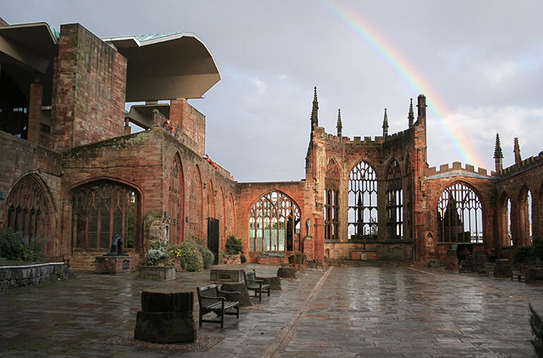 Looking towards the sanctuary and the altar of rubble in the preserved ruins of the old Coventry Cathedral.