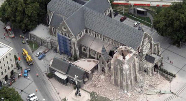 Christchurch Cathedral from the air, showing the damaged spire.