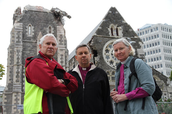 Dean Peter Beck, Archbishop David Moxon and Bishop Victoria Matthews front up to the cathedral damage. Photo: Lloyd Ashton
