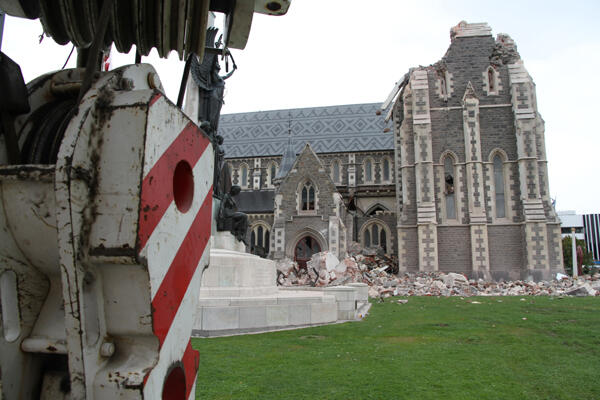 Heavy machinery in readiness for the recovery mission at ChristChurch Cathedral. Photo: Lloyd ashton