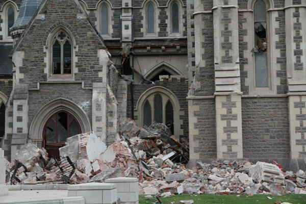 Rubble from the spire surrounds the north-west porch of ChristChurch Cathedral. Photo: Lloyd Ashton