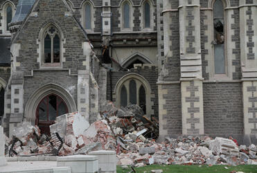 Rubble from the spire surrounds the north-west porch of ChristChurch Cathedral. Photo: Lloyd Ashton