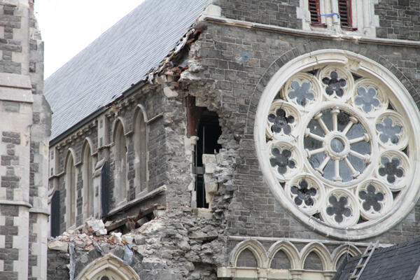 The Rose Window of ChristChurch Cathedral is framed by ruined stonework. Photo: Lloyd Ashton