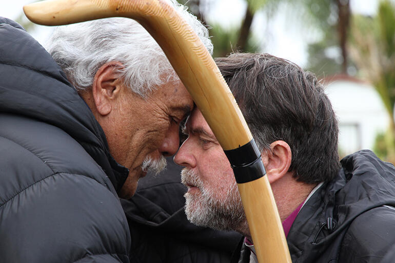 Archbishop Philip Richardson - he's being greeted at Parihaka here, after last June's three day Parihaka Peace Walk. 