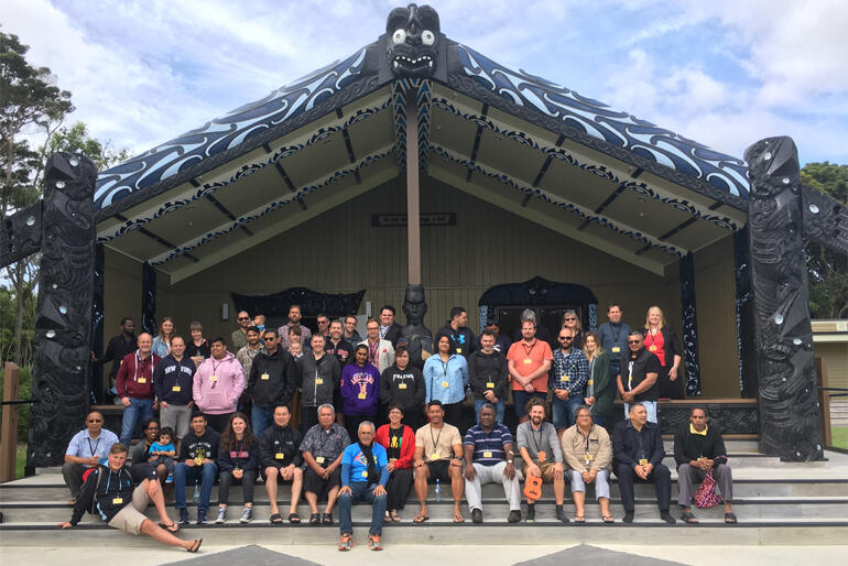 St John's College hikoi group line up outside the new whare at Ohakea Air Base in February 2017.