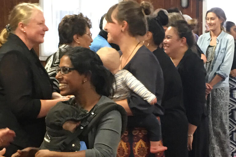 The hikoi receives a warm welcome at St Michael's marae church, Palmerston North.