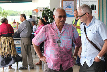 Archbishop Winston welcomes Bishop Jim White at Tonga's airport.