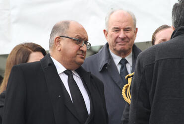 Sir Anand Satyanand waits to enter the church. Behind him is Don McKinnon, the former Deputy PM and Commonwealth Secretary General.