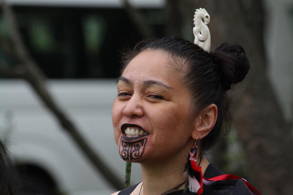 A young performer in the kapa haka troupe, Te Kotahitanga.