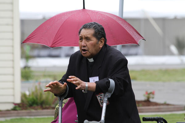 The Rev Wharakawa Kaa leads off the Waipounamu welcome to Archbishop Rowan.