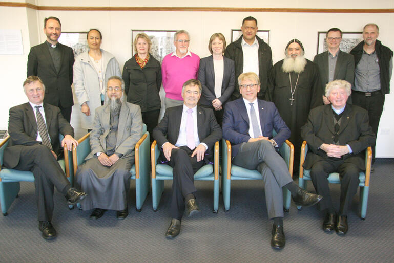 Dr Tveit lines up with Dunedin leaders:(Front L-R) Rev Richard Dawson, Syaikh Asrarul Haq, Mayor Dave Cull, Dr Olav Fykse Tveit, Bp Colin Campbell.