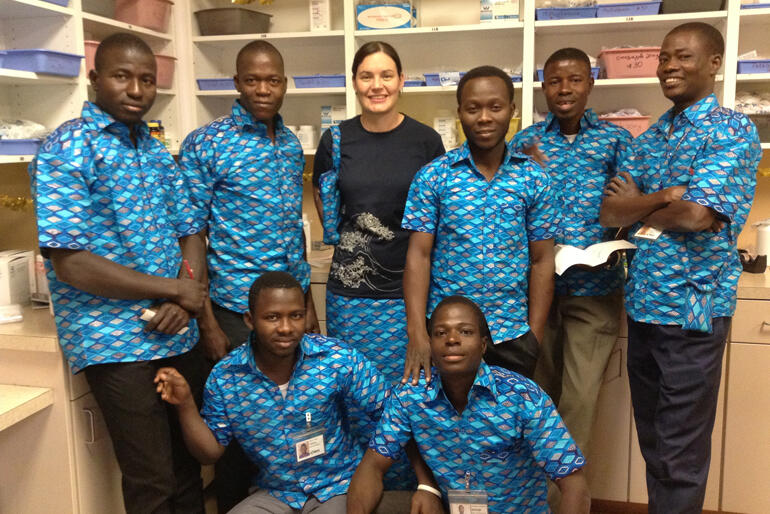 NZCMS missionary Miriam Tillman works with pharmacy technicians at Mango Hospital in Togo.