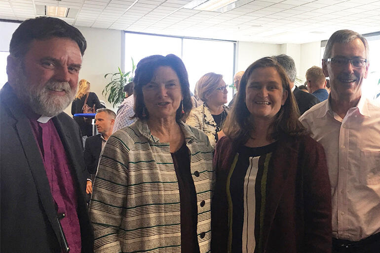 Archbishop Philip with Rev Dr Betsann Martin, from Methodist Public Issues, Caritas Director Julianne Hickey - and Rod Oram.