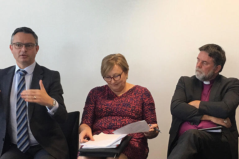 Climate Change Issues Minister James Shaw, with Westpac's Karen Silk and Archbishop Philip.