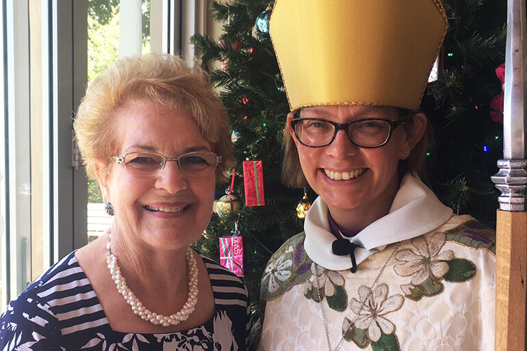 Dame Malvina Major with Bishop Helen-Ann Hartley - who is carrying the restored crozier.