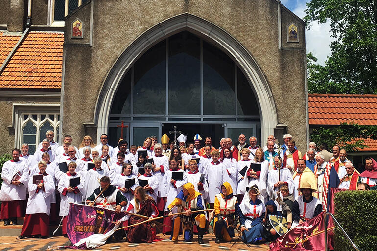 Hamilton's St Peter's Cathedral. After the service - the folk in front re-enact medieval archery, and take communion before they do so! 