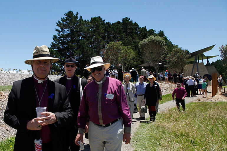 Archbishops David Moxon, Philip Freier of Australia, and Bishop Richard Randerson on the path down from Rore Kahu. 