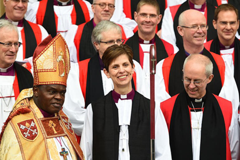 Bishop Libby Lane is flanked by Archbishop Sentamu and Archbishop Welby.