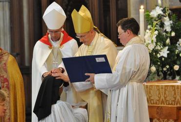The Diocesan of Southwark, The Rt Rev Christopher Chessun (gold mitre) and area bishop Dr Richard Cheetham ordain Sr Veronica.