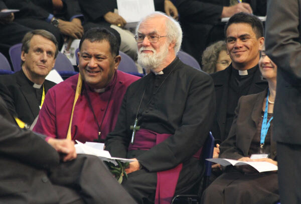 On the receiving end: (from left) Canon Kenneth Kearon, Bishop Kito Pikaahu, Dr Williams, and Rev Tony Brooking.