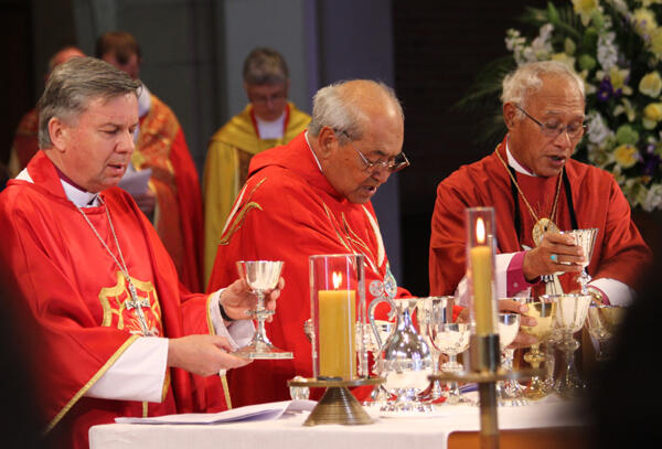 Archbishops David Moxon, Brown Turei and Winston Halapua concelebrate at the ACC's opening Eucharist.