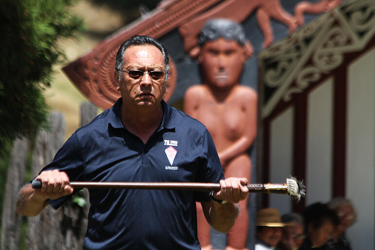 Derek Lardelli, tokotoko in hand, during his Rongomaianiwaniwa whaikorero.