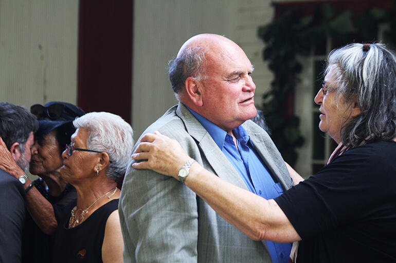 Herewini (Selwyn) Parata in the hongi line at Kauaetangohia Marae.