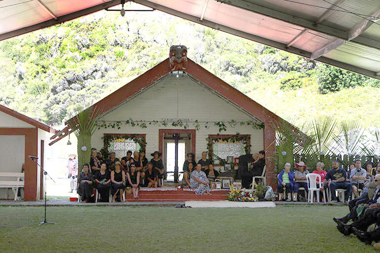 Kauaetangohia marae, as seen through the marquee over the marae atea.