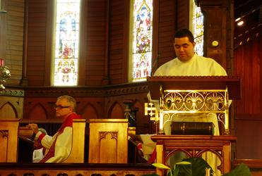 Christopher Huriwai – at 24, the youngest ordained person in Te Pihopatanga. Bishop Jim White is at left.