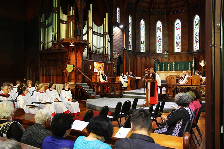 Bishop Kito welcomes the congregation to the Aotearoa Sunday service.