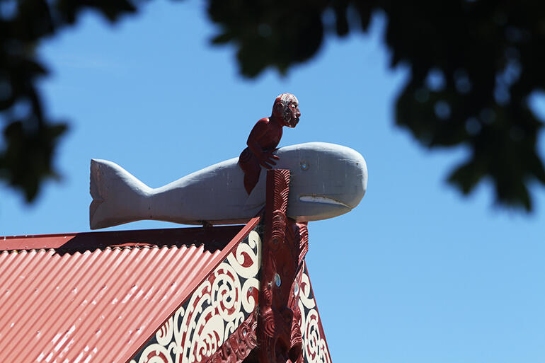 Paikea, the original whale rider, adorns the main meeting house at Whangara.