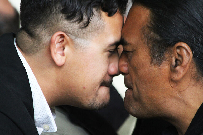 Te Ariki Tamararo (left), Kingi Tuheitia’s son and heir apparent, greets Dawson Peta.